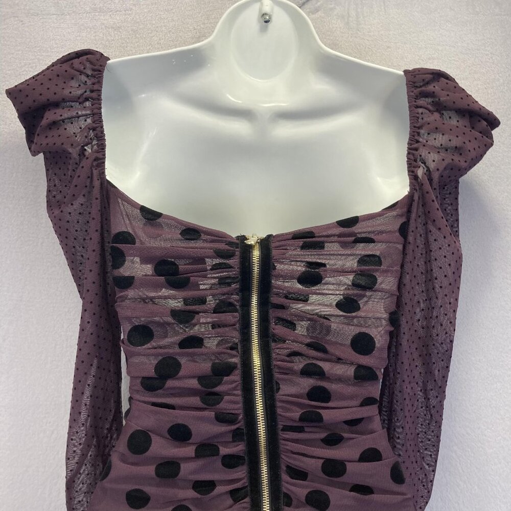 UNITEDWOOD Puff Sleeve Ruched Mesh Dress Womens 4 Purple Black Polka Dot Bodycon - Picture 10 of 14